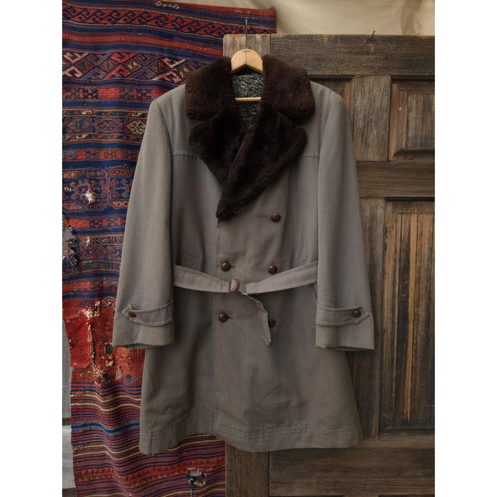 Vintage 1950s Gabardine Storm Coat Belted Sheep Lined Mouton Collar Heavy M